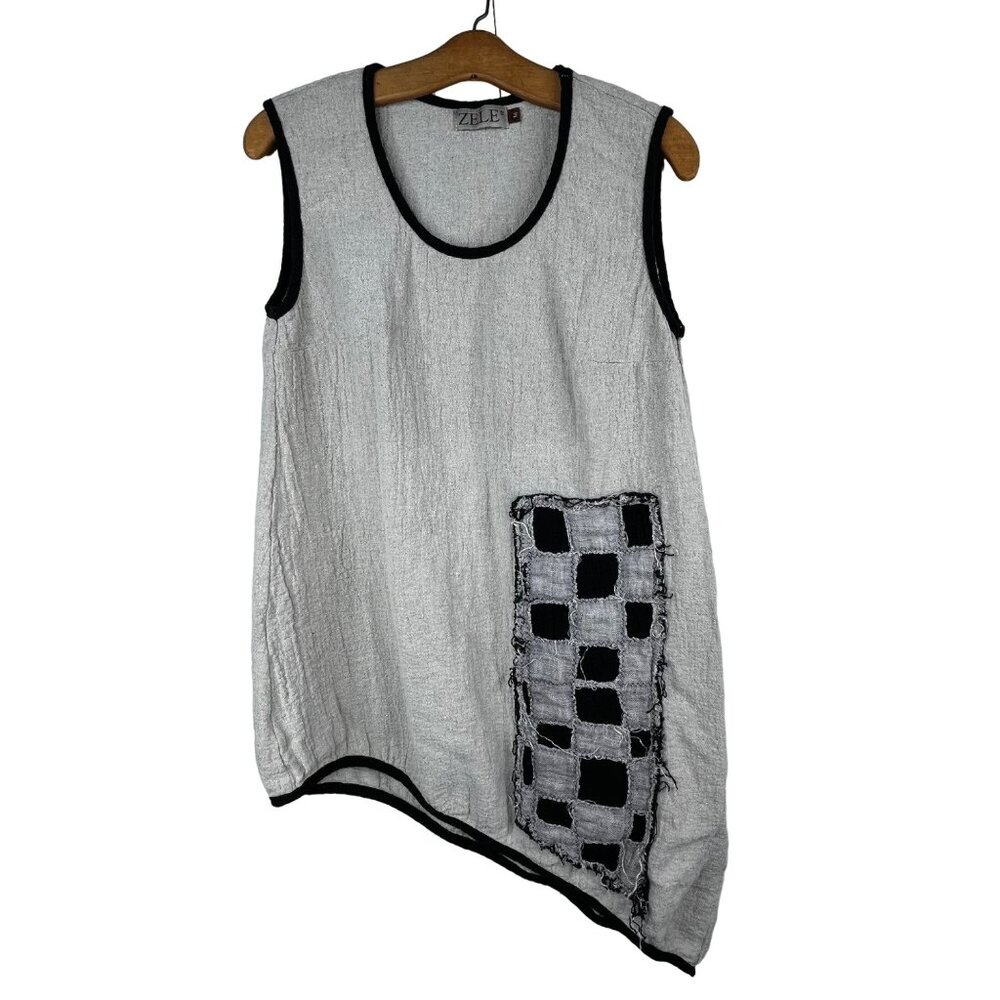 Zele Tunic Asymmetrical Lagenlook Sleeveless Artsy Scoop Neck Cream Size Medium